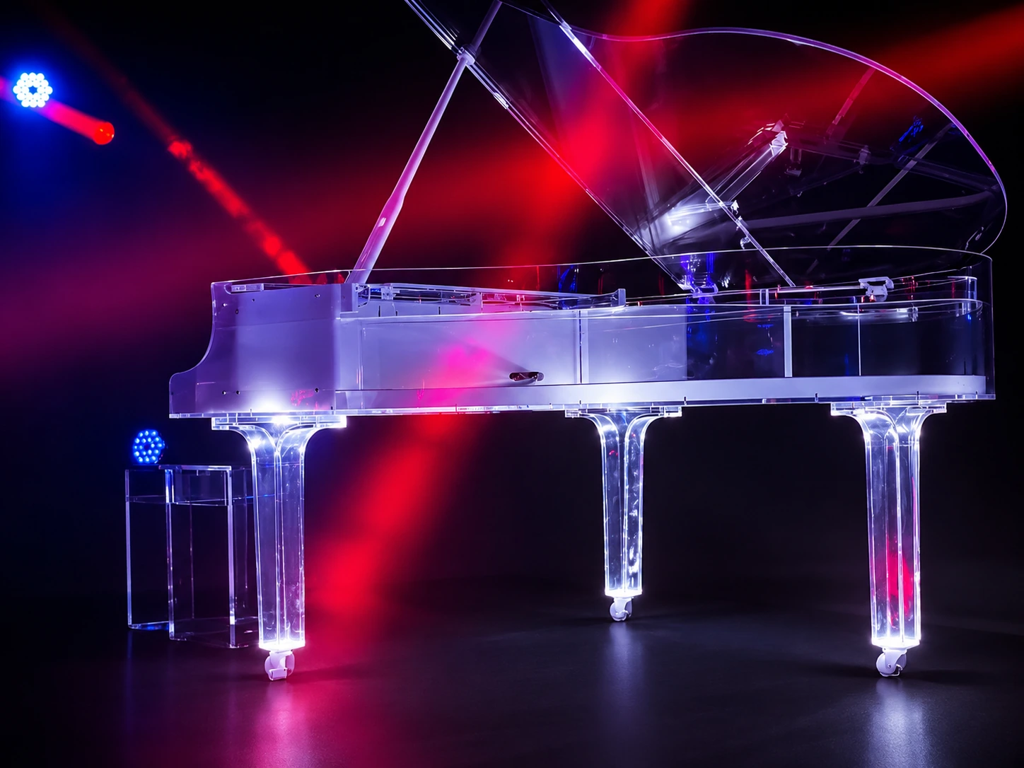 Piano de cauda em acrílico cristal iluminado em palco.